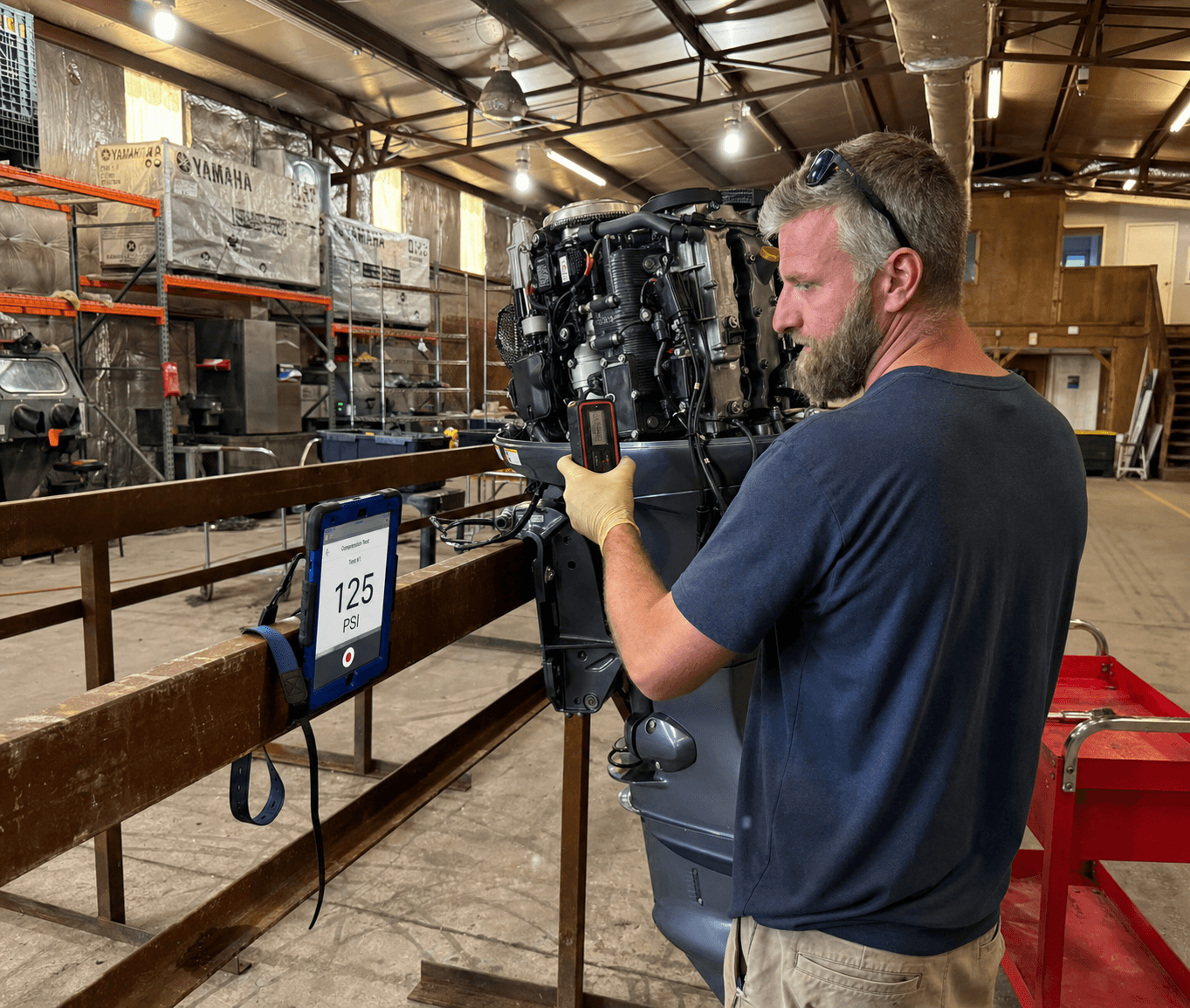 Outboard motor inspection with test equipment in the workshop