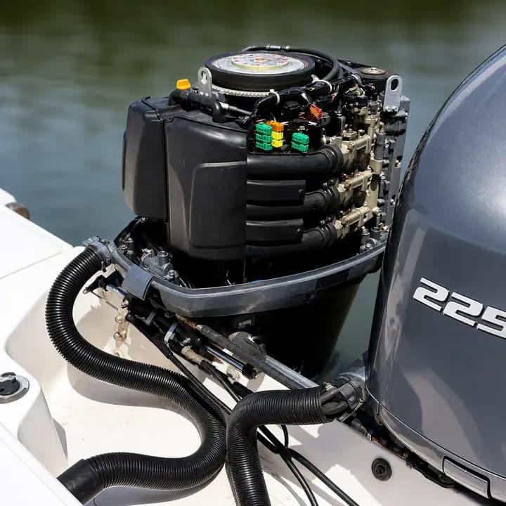 Yamaha outboard motor with the cowling removed on the water